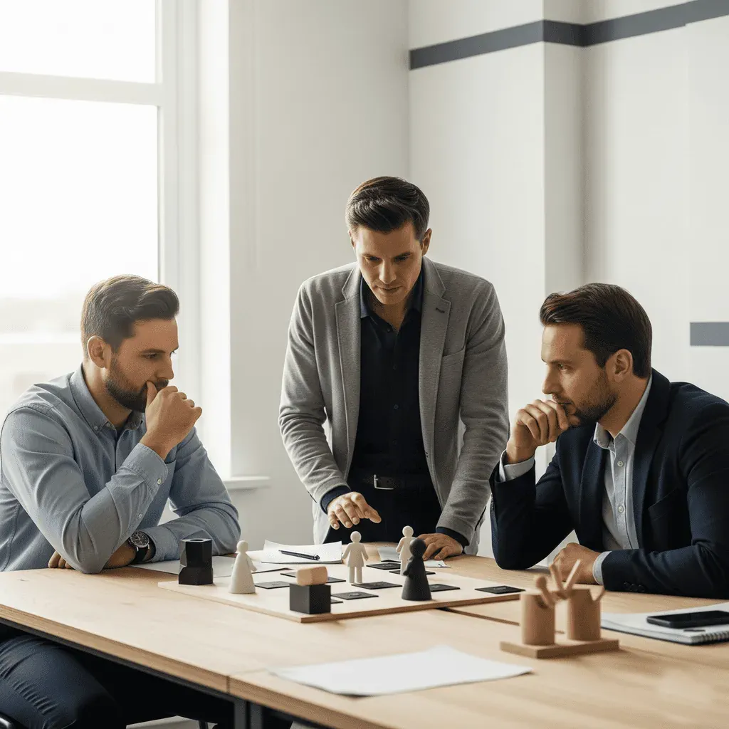 produktworkshop-systemaufstellung 3 Herren aus Sales und Marketing im systemischen Produktworkshop